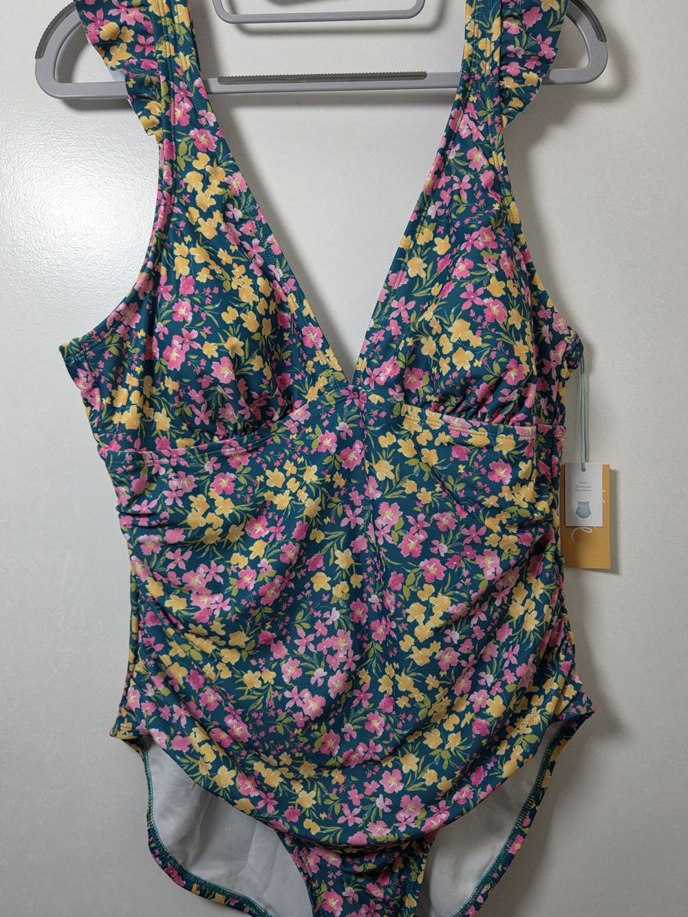 Kona Sol Teal One-Piece Swimsuit with Pink & Yellow Floral Print